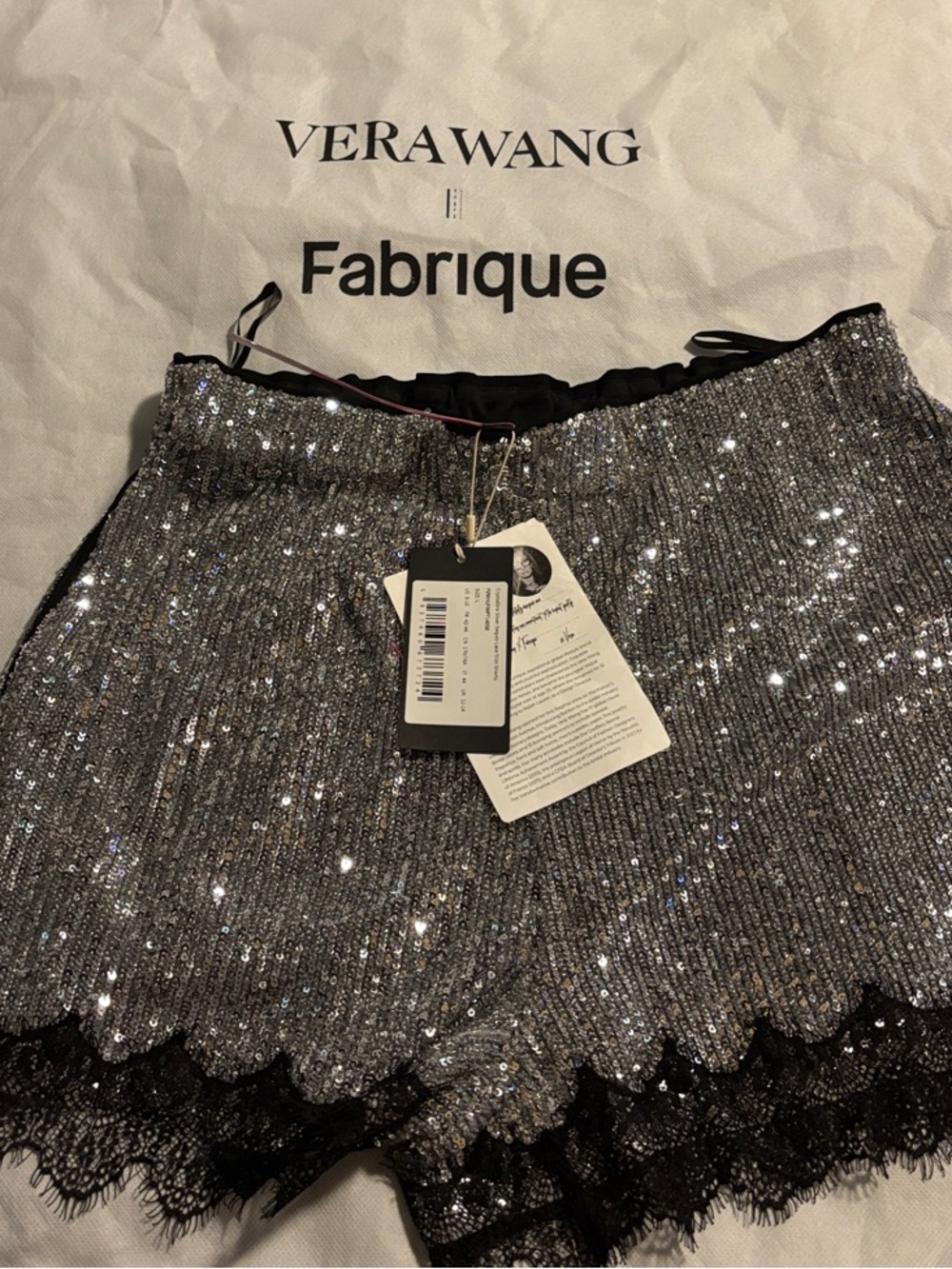 Vera Wang Silver Sequin Mini Shorts with Black Lace